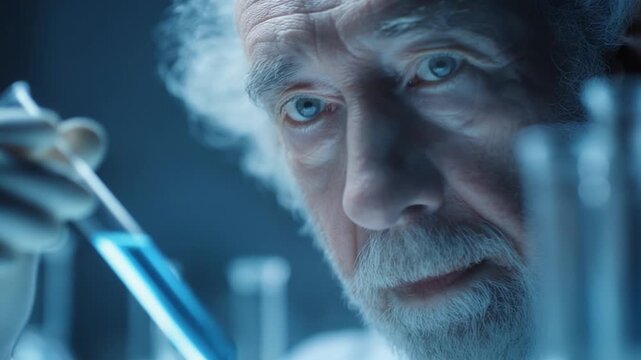 An elderly male scientist carefully analyzes a blue liquid sample in a sterile laboratory setting, demonstrating focused scientific research.