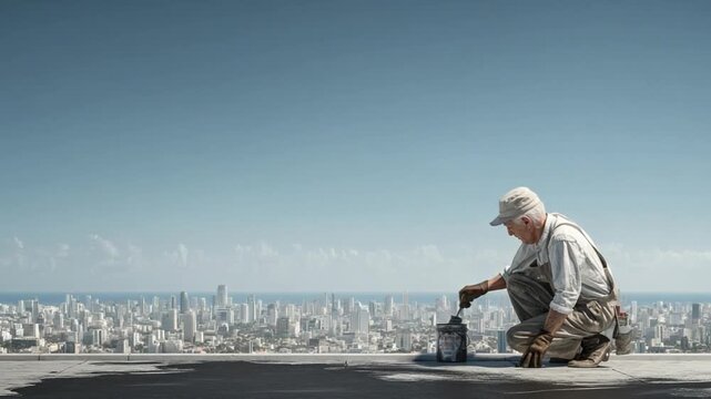 Elderly Roofer Applying Tar on a Hot Summer Day