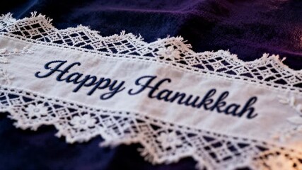 Zooming camera focusing embroidered ribbon reading Happy Hanukkah on purple tablecloth showing lace - Powered by Adobe