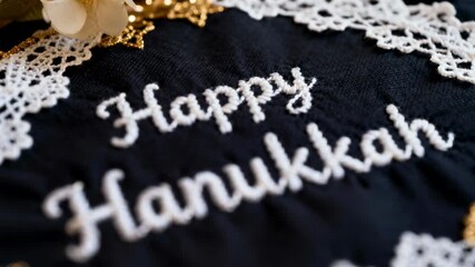 Panning camera shifting down and right while zooming in on table, showing Happy Hanukkah embroidery - Powered by Adobe
