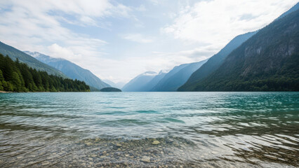 Beautiful lake landscape surrounded by mountains and green forest
