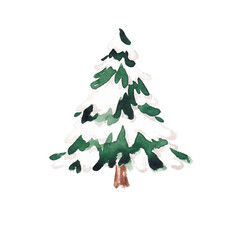 Snowy fir tree illustration. Winter evergreen tree hand drawn with watercolor. Isolated on white background. Design element for card, banner, logo