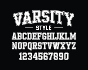 Varsity style alphabet font set featuring bold collegiate block letters and numbers, perfect for sports jerseys, school apparel, team designs, posters, branding, and printable typography projects. © Kayla Quentin
