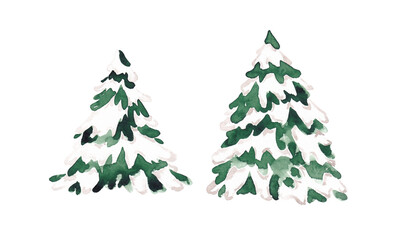 Snowy fir trees clip art. Winter evergreen trees hand drawn with watercolor. Isolated on white background. Design elements for card, banner, logo