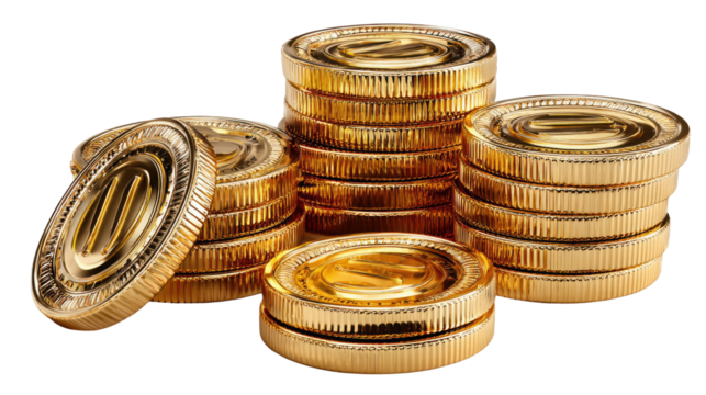 Golden Treasure: Gleaming stacks of golden coins shimmer, evoking wealth, prosperity, and the allure of financial success. Perfect for illustrating concepts of money and investment.