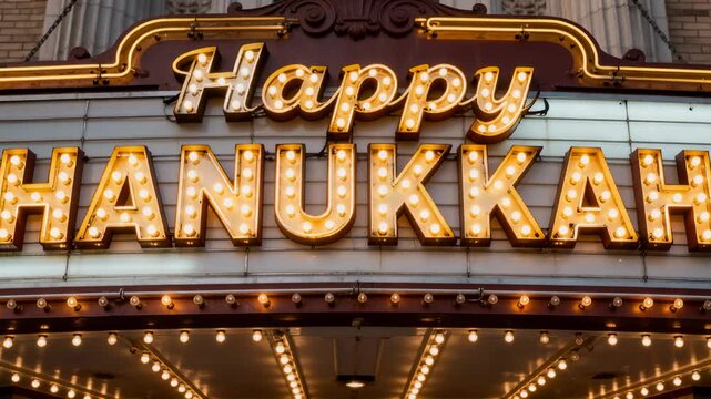 Starting camera pulling closer to lit marquee reading Happy HANUKKAH at theater, showing bulb text