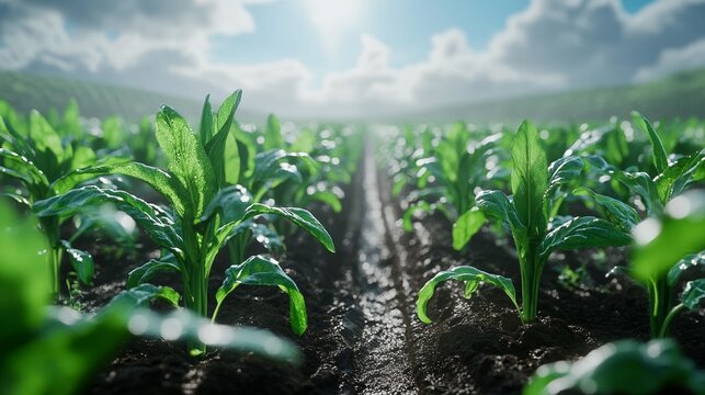 Highlighting Cutting-Edge Agricultural Technology in a Greenhouse With Rows of Vibrant Crops Under Soft Natural Light Depicting Sustainability and Modern Farming
