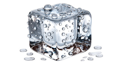 Crystal Cube's Essence: A captivating, close-up view of a crystalline ice cube, adorned with glistening water droplets, reflecting the play of light.