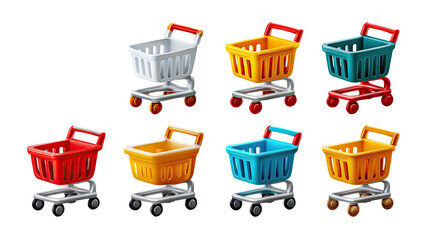Colorful Shopping Carts: An array of vibrant shopping carts displayed against a clean background, symbolizing consumerism and retail convenience. The carts are rendered in a spectrum of hues. 