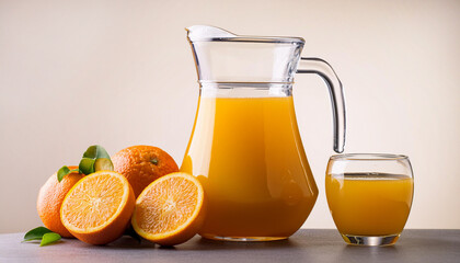 Glass of freshly squeezed orange juice. Carafe with fruit juice in the morning. Oranges on the table