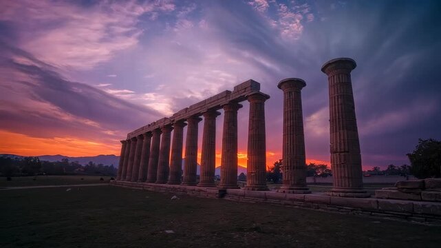 Sun descending behind colonnade, columns casting diagonal shadows across field, creating twilight