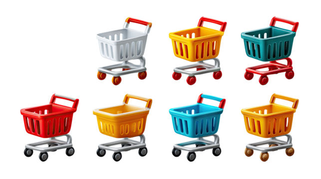 Colorful Shopping Carts: An array of vibrant shopping carts displayed against a clean background, symbolizing consumerism and retail convenience. The carts are rendered in a spectrum of hues. 