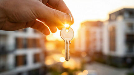 A person holding the key to their new apartment at golden hour, a symbol of real estate investment and moving