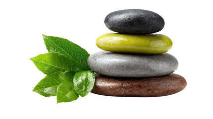 Balanced Tranquility: A meticulously stacked arrangement of smooth stones embodies the principles of balance and harmony, complemented by vibrant green foliage.