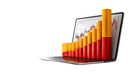 Digital Growth: An open laptop displays a dynamic bar graph, symbolizing financial growth and market progress with vibrant colors.