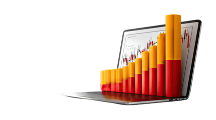 Digital Growth: An open laptop displays a dynamic bar graph, symbolizing financial growth and market progress with vibrant colors.