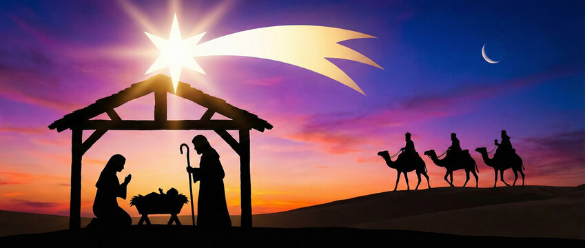 Biblical Christmas Nativity scene showing the birth of Jesus with Mary, Joseph, and the Magi guided by the Star of Bethlehem
