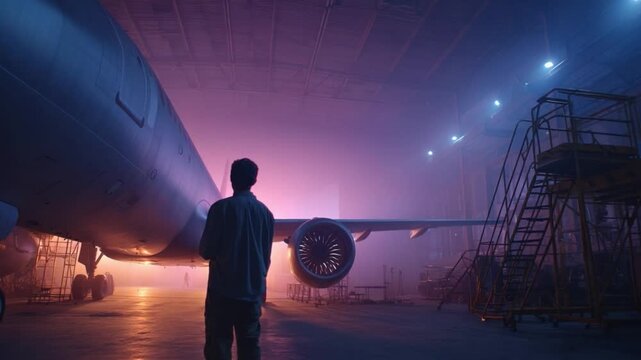 A skilled engineer examines fuselage sections inside an aerospace hangar at dusk, showcasing attention to detail and expertise in aircraft components.