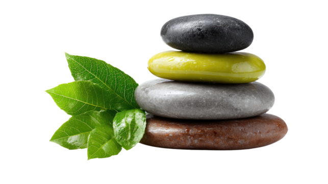 Balanced Tranquility: A meticulously stacked arrangement of smooth stones embodies the principles of balance and harmony, complemented by vibrant green foliage.