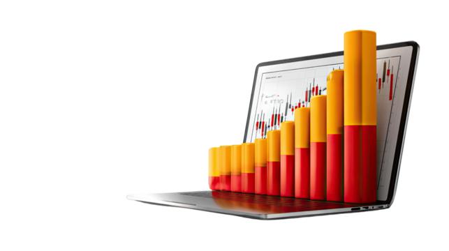 Digital Growth: An open laptop displays a dynamic bar graph, symbolizing financial growth and market progress with vibrant colors.