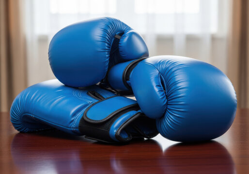 Blue boxing gloves resting on wooden surface indoors close up