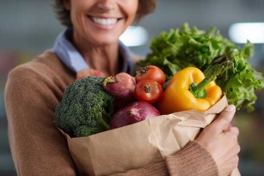 A joyful woman holds a paper bag filled with a colorful array of fresh vegetables, including broccoli, peppers, and greens, while she beams with happiness in a market