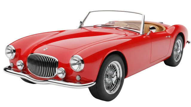 Classic red convertible car isolated PNG on transparent background, vintage automobile with chrome details for design and advertising