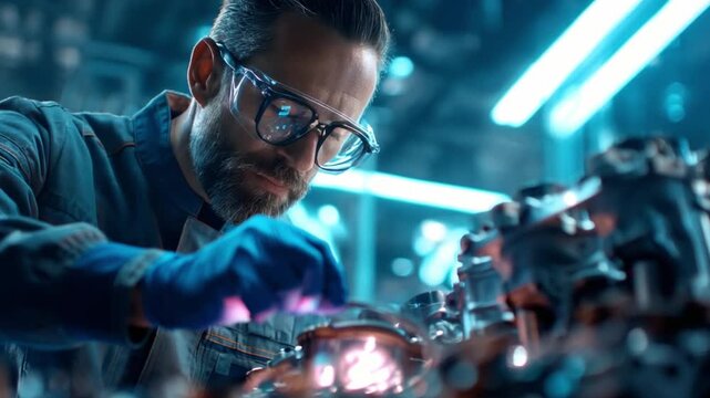 A handsome male automotive engineer examines engine prototypes inside a test lab during early daylight, showcasing innovation and technology.