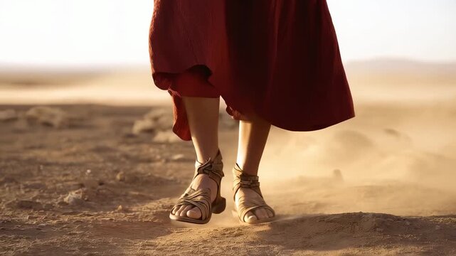 Starting woman lifting foot, kicking dust and walking across dry plain, tan sandals, rust-red skirt