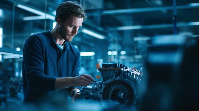 A handsome male automotive engineer examines engine prototypes in a test lab during early daylight, showcasing advanced technology and innovation.