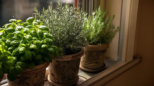 Sliding camera panning windowsill, refocusing on three ceramic herb pots, highlighting leaf texture