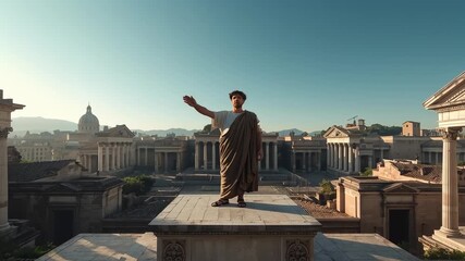 Beginning speech, actor in toga raising right arm while orating on stone plinth in Roman forum - Powered by Adobe