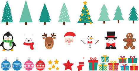 Christmas character and decoration set, festive icons with trees, animals, gifts, ornaments, cartoon holiday illustrations, seasonal graphics