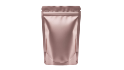 Rose gold stand-up pouch isolated PNG, blank foil bag mockup for food packaging and product presentation on transparent background