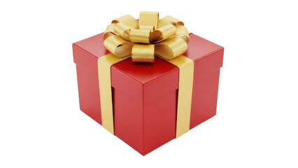 Red gift box with golden ribbon and bow isolated PNG, present for Christmas, birthday or other holidays on transparent background