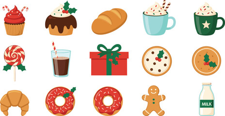Christmas food and drink illustration set, festive treats and beverages with holly, cookies, donuts, milk, cartoon holiday graphics