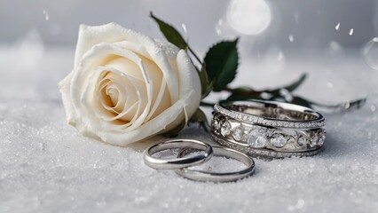 Elegant winter wedding engagement details with white roses and ring