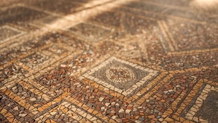 Panning camera revealing mosaic floor from low angle, focusing tesserae, grout lines, medallion - Powered by Adobe