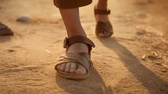 Right buckled sandal touching, pair walking following sunlit trail, skirt hem visible, kicking dust