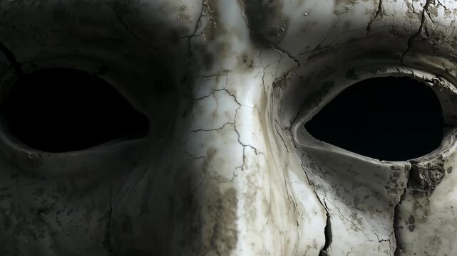 Revealing camera and lighting shifting in studio, exposing cracked mask with hollow eye sockets