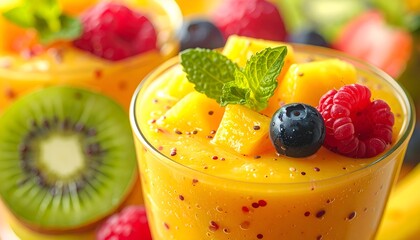 Vibrant fruit smoothie with mango kiwi berries and mint healthy beverage