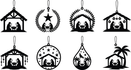Nativity ornament silhouette set, black Christmas decorations with manger scenes, Mary Joseph baby Jesus, festive religious holiday icons