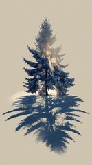 Minimal serene scene of a single snow-covered fir tree casting a long dramatic shadow across a pale winter landscape, creating a peaceful Christmas mood perfect for calm seasonal designs