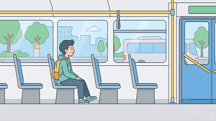 Young boy student with backpack sitting alone on a bus seat near the window, flat vector illustration style.