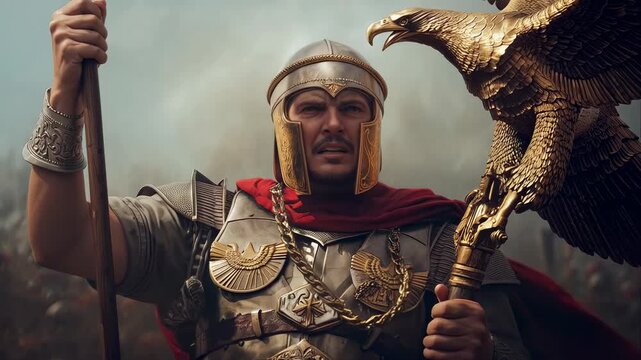 Shouting commander gripping staff and eagle standard on battlefield, in red cloak, rallying troops