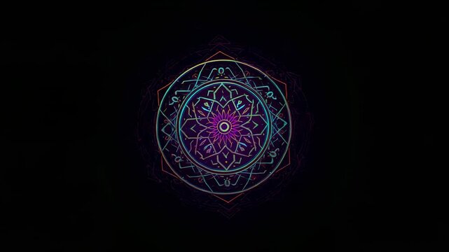 Playback starting, mandala expanding on black screen, neon rings shifting to form final jagged ring