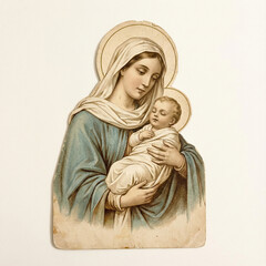 Vintage chromolithograph of the Virgin Mary holding the infant Jesus Christ. A classic holy card illustration of Madonna and Child with halos. Religious art.