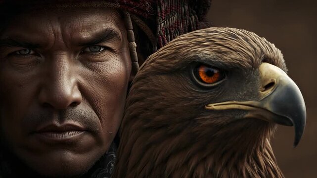 Recording adult handler posing with eagle at studio for portrait, wearing beaded turban and scarf