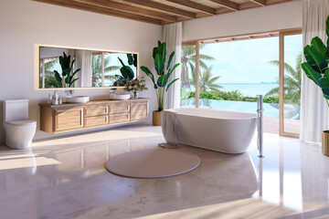 3D render of a tropical luxury bathroom with ocean view deck