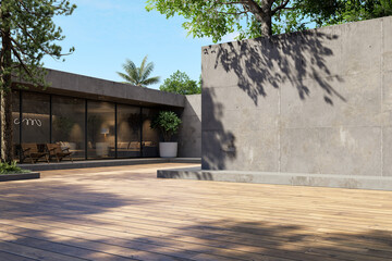Modern loft style empty outdoor terrace with wooden deck and concrete walls 3D render
